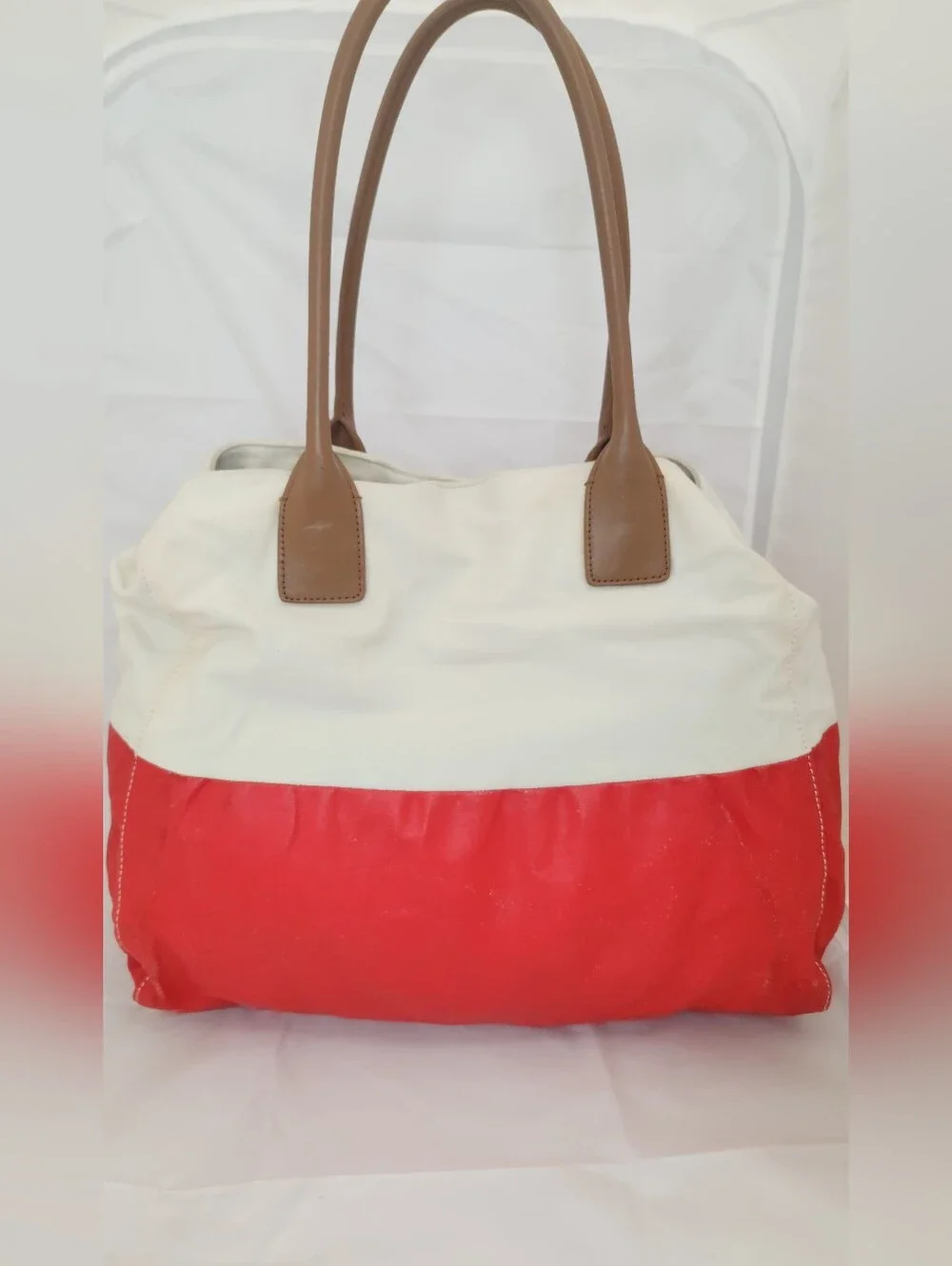 Tory Burch Cream and Red Canvas Tote with Tan Leather Trim Nearly PERCECT